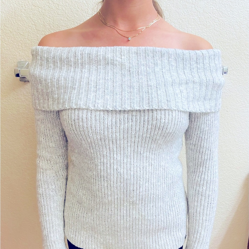 Off the shoulder light gray sweater